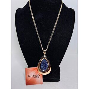Bronzo Italia Rose Gold Tone Necklace With Blue Druzy Teardrop Pendant (6290)